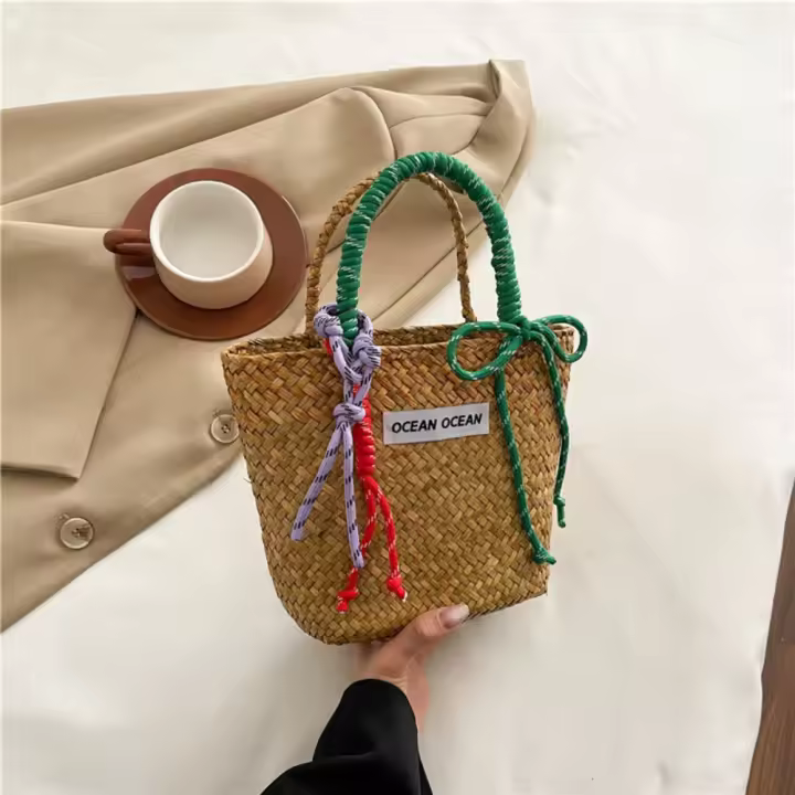Bolso de cesta de paja de gran capacidad, bolso de mano tejido hecho a mano con cuerda de nailon, bolso de compras de moda, bolso tejido de hierba para playa - 1