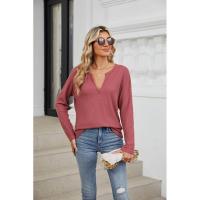 Camiseta de mujer primavera otoño cuello en V color sólido top suelto mujeres 90s coreano reseñas mucha ropa - details 4