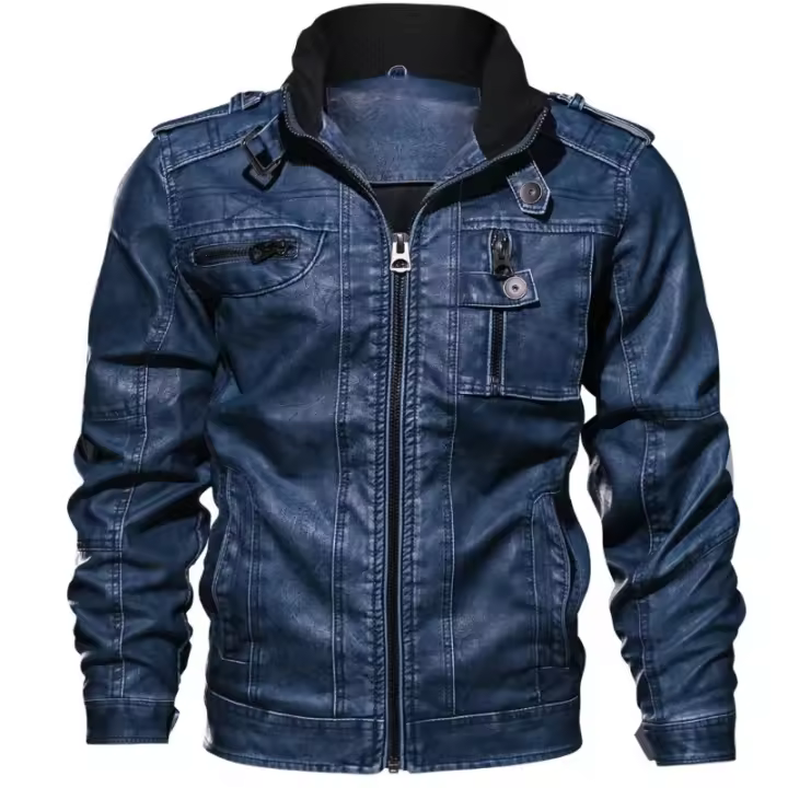 Chaqueta lavada 3D con cuello levantado para hombre, chaqueta moto talla grande, nueva - 1