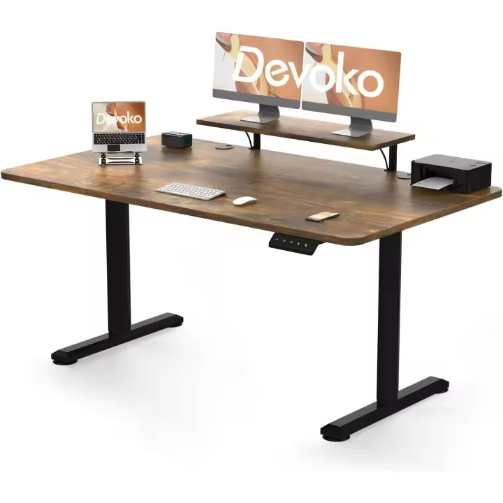 Elevable Eléctrico con Tablero 160 x 70cm, Escritorio Regulable en Altura 73-118cm, 2 Opciones de Memoria Inteligente para Estudiar, Trabajar(160×70cm,Marrón) - 1
