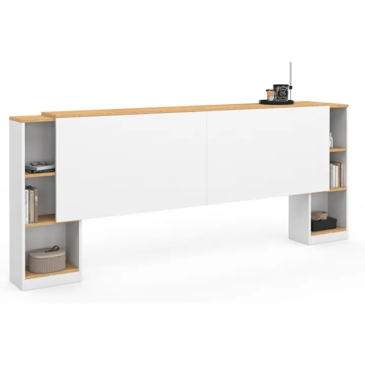 Cabecero extensible con mesita de noche deslizante para cama de 140 y 160 cm, color blanco y madera - 1