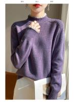 Suéter de cuello semialto para mujer, Otoño/Invierno, lana fina hilada, informal, tejido con cuentas para uñas, Tops, blusa de encaje splicieng versátil - details 9
