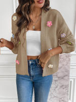 Cárdigan recortado de flores tridimensionales para mujer, cuello en V, botonadura única, manga larga, Tops, suéter de otoño 2023 - details 8