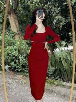 Vestido ajustado de estilo Hepburn, temperamento largo de gama alta de otoño para mujer con mangas y cuello cuadrado negro - details 6