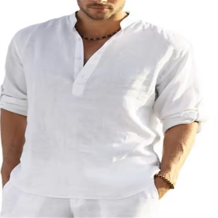 Camiseta Henley de lino y algodón para hombre, camisa de manga larga, Hippie, informal, para playa, color blanco, talla S-5XL - 1