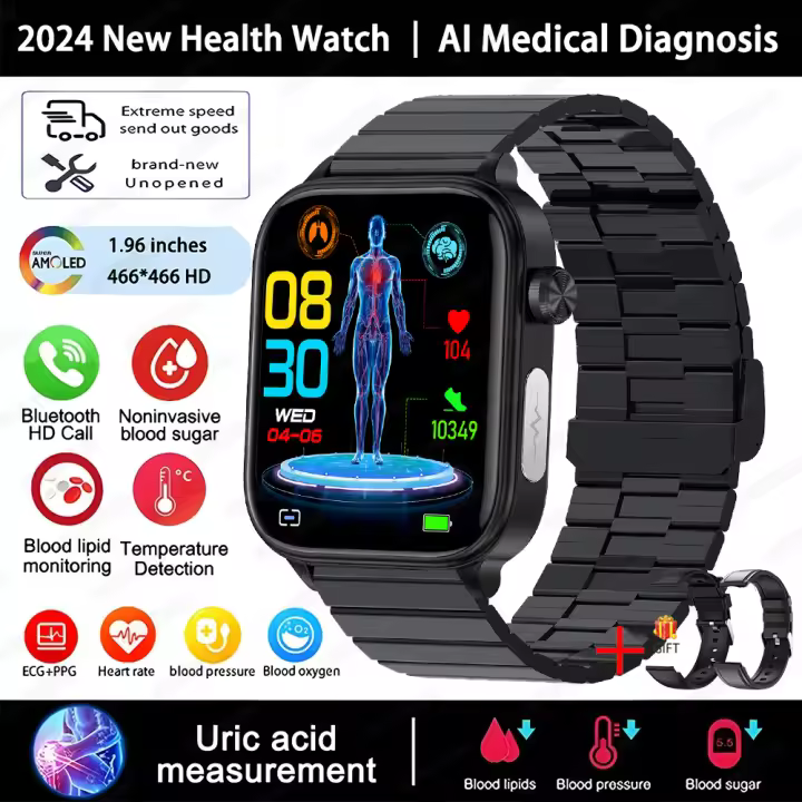 2025 Nueva Ia Diagnóstico médico Azúcar en sangre 1,96 inch 360*360 AMOLED HD Pantalla completa táctil Reloj inteligente hombres y Mujeres lípidos sanguíneos,ácido úrico,ECG + PPG,Bluetooth Llamada, reloj de fitness multifuncional intelente - 1