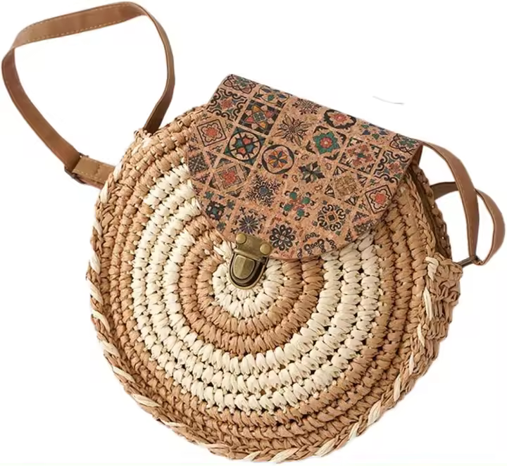 Bolsos de playa de paja para mujer, bolso de hombro redondo de verano, bolso cruzado de ratán tejido a mano, bolso de mano - 1