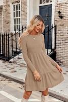 Vestido de manga larga con suéter hasta la rodilla informal con bolsillo y cuello redondo para mujer - details 12