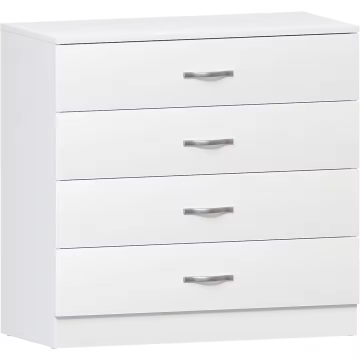 Cómoda Blanca, 4 cajones, manijas metálicas, correderas y soporte antideformación para muebles - 1