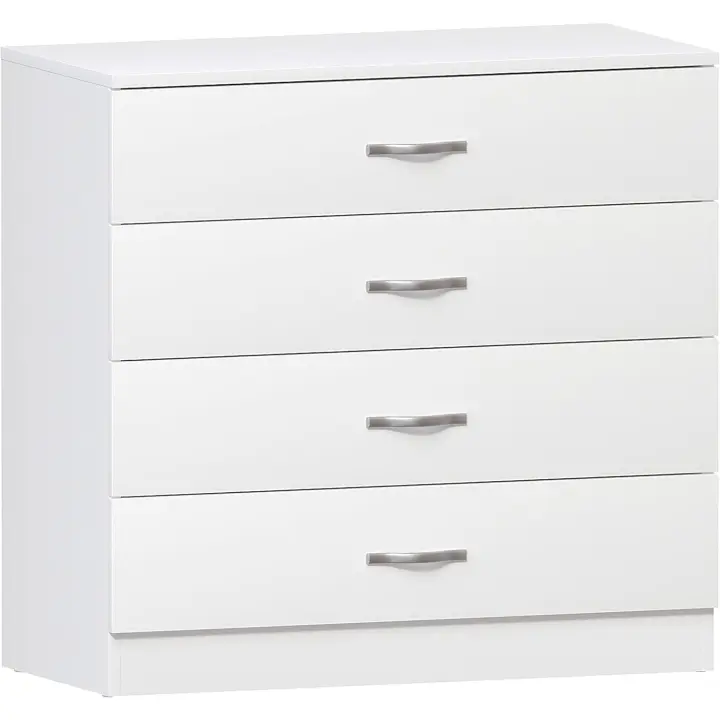Cómoda Blanca, 4 cajones, manijas metálicas, correderas y soporte antideformación para muebles - 1