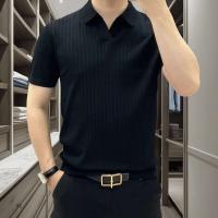 Polo para hombre, camiseta de color sólido, estilo coreano, Raya vertical, ajustado, informal, a la moda, top multifuncional de manga corta - details 4