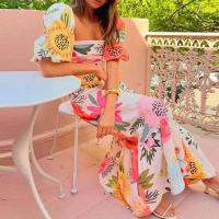 Vestido Maxi de Verano para Mujer Manga Corta, Cuello Cuadrado, Estilo Ple Pleito, Impresión Acolchado, Delgado, Perfecto para Fiestas y Vacaciones - details 10