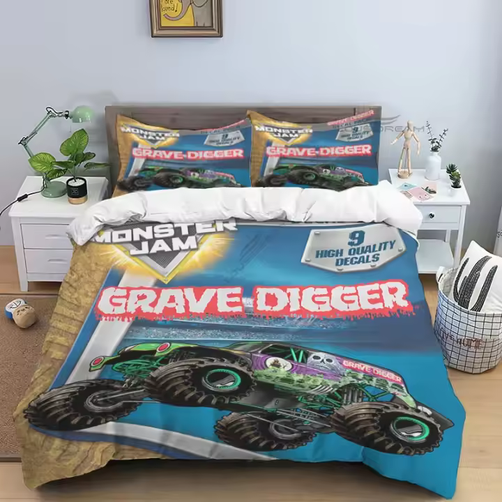 Juego de cama de Super Monster Truck, funda de edredón, funda de almohada, tamaño King y Queen, 3D - 1