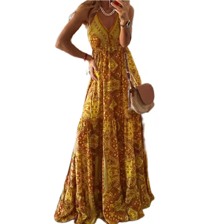 Vestido largo bohemio para mujer, estampado floral con escote en V de cintura alta - 1