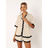 Conjunto de dos piezas de camisa de manga corta con botones y pantalones cortos holgados casuales de moda para mujer, primavera verano. - details 6