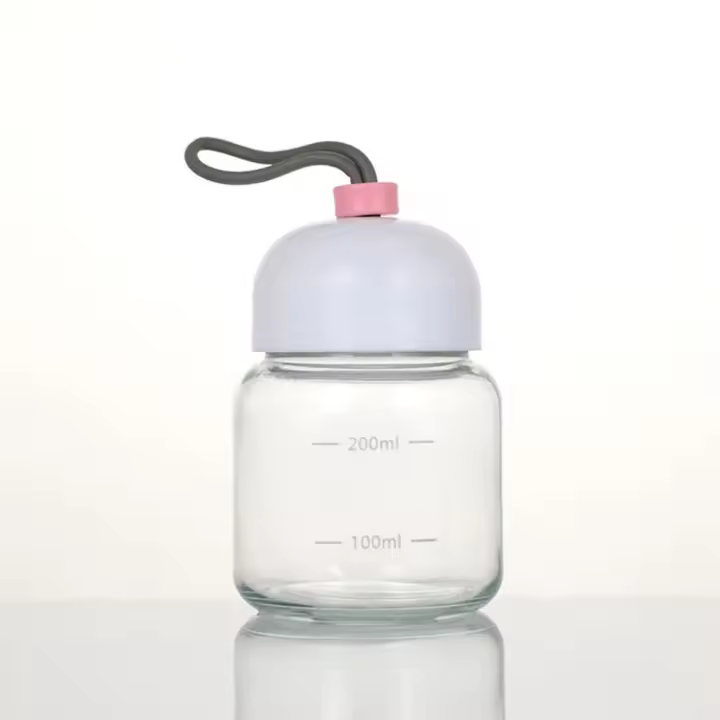 Taza de café de leche de soja sellada portátil, bonita botella de agua de vidrio a prueba de fugas con cuerda de elevación, Mini taza de agua pequeña para regalo - 1