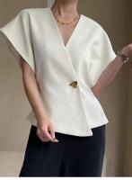 Chaleco Asimétrico para Mujer TRE Estilo Francés, Mangas Caídas, Botones de Cintura, Top sin Mangas Blanco - details 6
