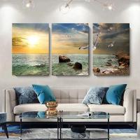 Pintura en Lienzo de Paisaje de Sol de Playa y Bosque de Niebla de DHROOM Set de 3 Piezas Decoración Moderna para Sala de Estar del Hogar con Poster de Arte de Pared - details 0