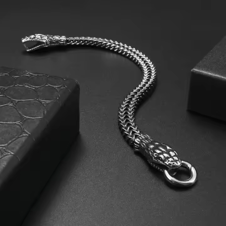 Pulsera de serpiente de doble cabeza del zodiaco para hombres, hebilla de anillo de acero inoxidable, pulsera Punk, accesorios de joyería para fiesta de motocicleta - 1