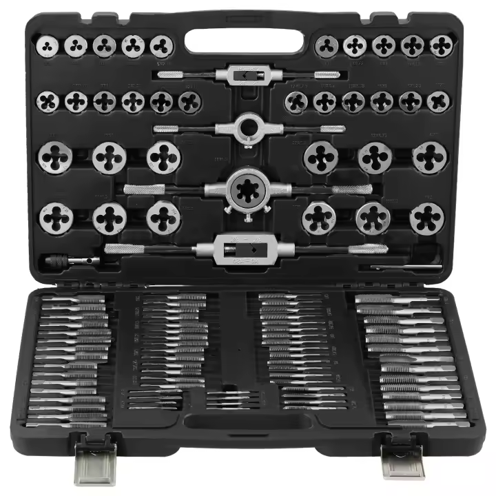 SucceBuy Juego de troqueles y grifos Herramientas de roscado de acero con rodamientos M2-M18 métricos de 110 piezas con accesorios completos y estuche de almacenamiento - 1