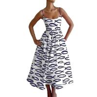 Verano Boho mujer moda pescado y camarón estampado cuello en U cintura plisada con tirantes grandes vestido Maxi Vestidos - details 4