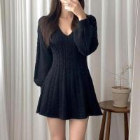 Falda corta de punto para mujer, ropa elegante de manga larga con cuello puntiagudo, usada, negra, invierno - details 30