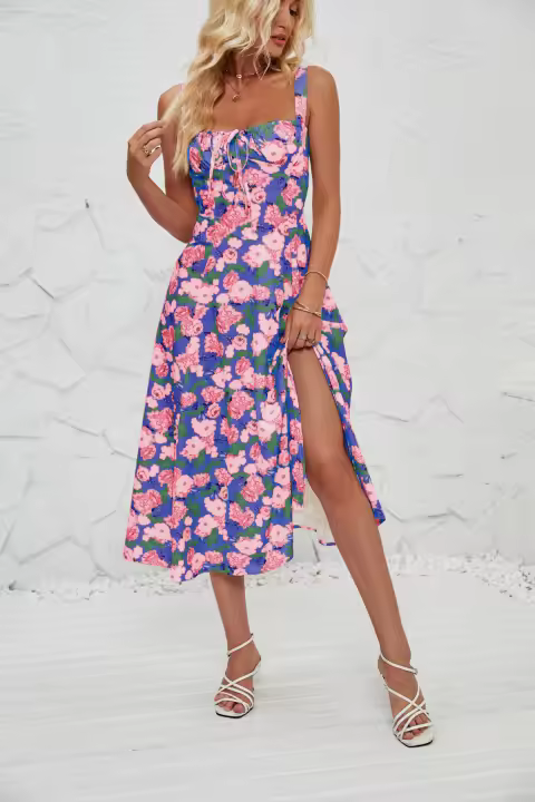 Vestido midi de satén con tirantes finos para mujer, frente abierto, hueco - 1