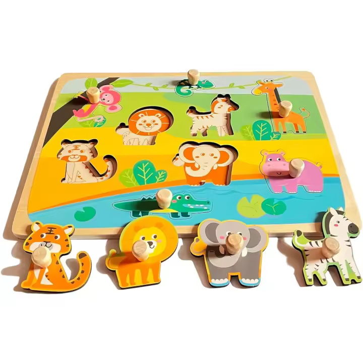 Rompecabezas de Madera infantil para Niños, Rompecabezas de animales con Mango, Juegos Educativos Montessori para bebés, 2 Años - 1