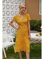 Summer floral print women boho short sleeve v neck split elegant a line party beach dress - details 34