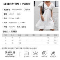 Vestido Xiaoxiangfeng de algodón y lino con cuello en V, manga abullonada y lazo, nuevo para otoño e invierno, versátil, de color blanco sólido. - details 3