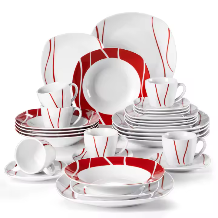 MALACASA-Serie Felisa-Juego 30 piezas de vajilla de porcelana para cena, conjunto de cena color blanco marfil con rayas rojas, con 6 piezas de tazas, ensaladera, platos de sopa, cena y postre - 1