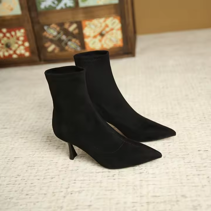 Botas cortas de tacón alto puntiagudo de tacón fino botas cortas de gamuza fina tubo corto elástico - 1