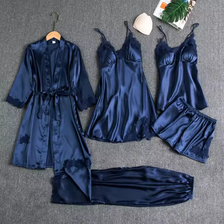 Camisa de noche con cuello en V de seda y encaje satinado - 1