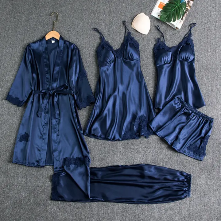 Camisa de noche con cuello en V de seda y encaje satinado - 1