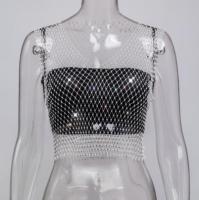 Top corto de malla con diamantes de imitación para mujer, chaleco Sexy con hombros descubiertos, ajustado, transparente, elástico, talla grande, Blanco, Negro, beige, Verde - details 6