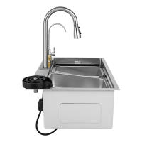 Fregadero de cocina doble integrado, fregadero de acero inoxidable con cascada, 4 modos de agua, 75x35x21 cm - details 1