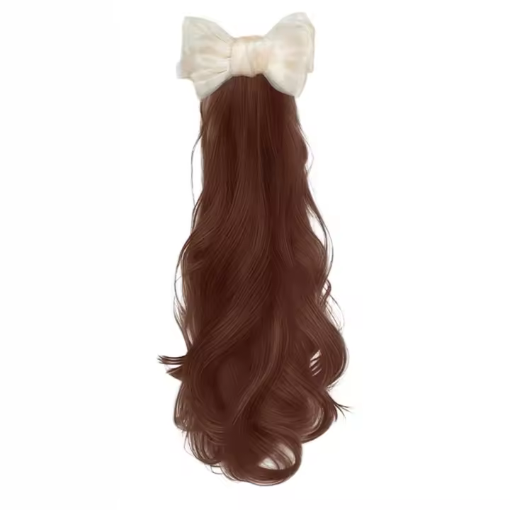 Peluca de cola de caballo con lazo negro y Beige de estilo coreano, extensión de cabello sintético esponjoso largo ondulado y rizado, peluca de cola de poni Natural - 1