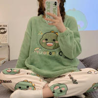 Conjunto De Pijama De Flannel Para Mujer Invierno Con Estampado De Dinosaurio Cuello Redondo Manga Larga 2 Piezas Tejido De Poliéster - details 4