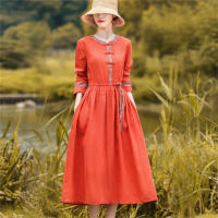 Elegante Vestido Rojo Vintage de Algodón Lino Moda Casual Suelta para Mujeres en Primavera Otoño - details 3