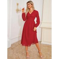 Vestido de manga larga con cuello en V para mujer, vestido elegante de corte A, color sólido, estético, nuevo en oferta - details 5