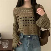 Camiseta Vintage ahuecada, suéter de punto informal, camiseta holgada Y2K, suéter fino con cuello redondo, jerséis de otoño, ropa de calle de moda - details 2