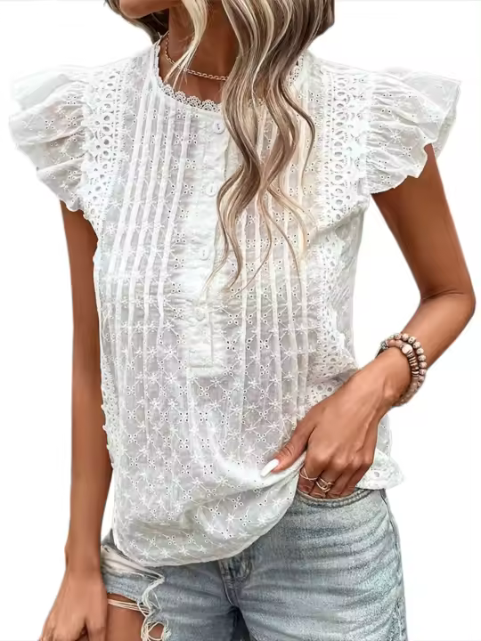 Blusas estéticas sueltas de manga corta con cuello redondo para mujer, camisas blancas de moda de verano - 1