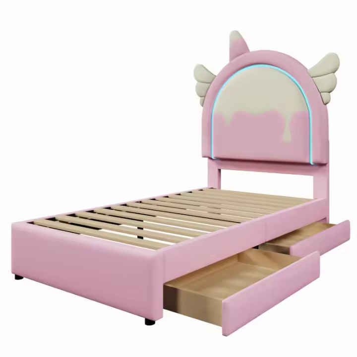 Cama tapizada, 90 x 200 cm, sin colchón, con tira de luz, cama con 2 cajones, forma unicornio, PU, rosa - 1