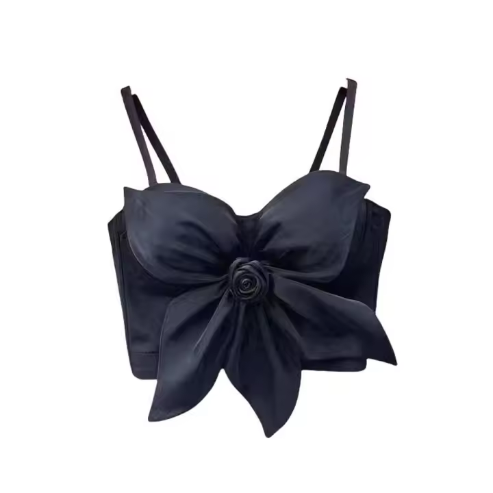Camisola con decoración de flores rosas en 3D, corsé ajustado de estilo socialite en blanco y negro, camisetas sin mangas con sensación de alta gama - 1