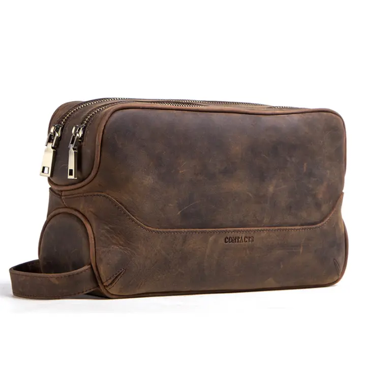 CONTACT'S-Bolsa de cosméticos de cuero de vaca crazy horse para hombre, neceser de viaje, bolsas de lavado de gran capacidad, organizador de bolsas de maquillaje - 1