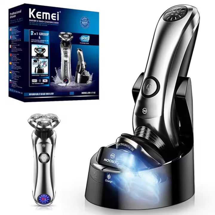 kemei 1716 wet dry rechargeable Pro electric shaver beard electric razor for men facial shaving machine with smart cleaner - 1
