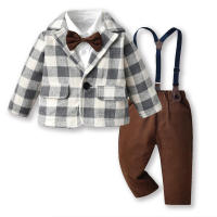 Conjunto de tres piezas para niños: blazer a cuadros, vestido tipo cárdigan de algodón de manga larga y pantalones con tirantes. - details 3