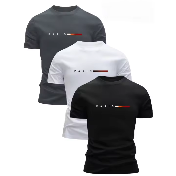 Conjunto de 3 Camisetas de Algodón 100% para Hombres Cuello Redondo, Mangas Cortas, Diseño de Impresión, Ropa Casual Transpirable para Salidas, Moda Callejera - 1