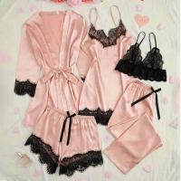 Conjunto de Pijama de Satén para Mujeres Ouwu Lencería Sexy Rosa, Toalla de Baño Floral, Vestido de Noche de Seda, Pantalones Política de Devolución - details 6