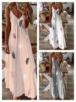 Vestido Largo De Corte Ancho Con Estampado De Plumas Y Cuello En V Sin Mangas Para Mujer Vestido Elegante Para El Escritorio Estilo Verano - details 0